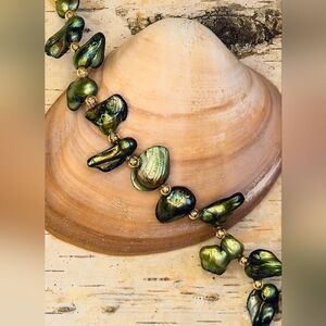 Green Seaweed Petals & Vine Genuine Keishi Pearls In Gold Plated Bracelet
